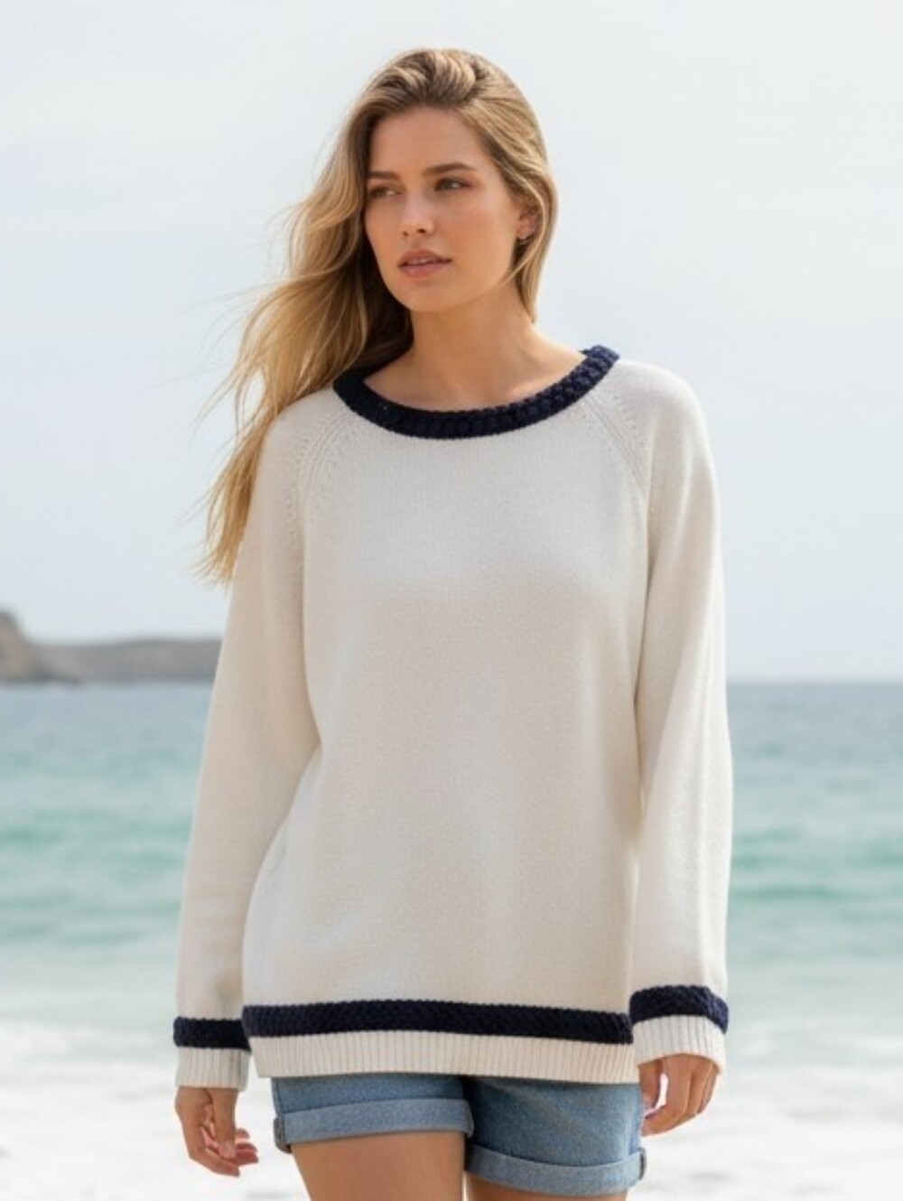 Talbots Cream Sweater with Navy Braid Trim